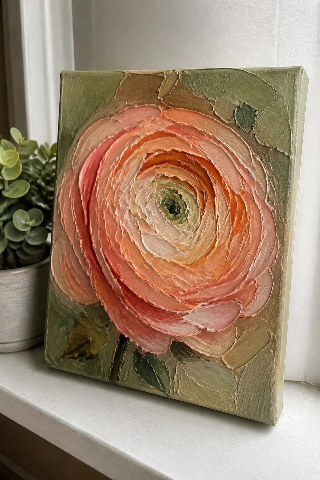 A square canvas with a large coral and pink flower painted in thick swirling layers against a green background with small leaves at the bottom.