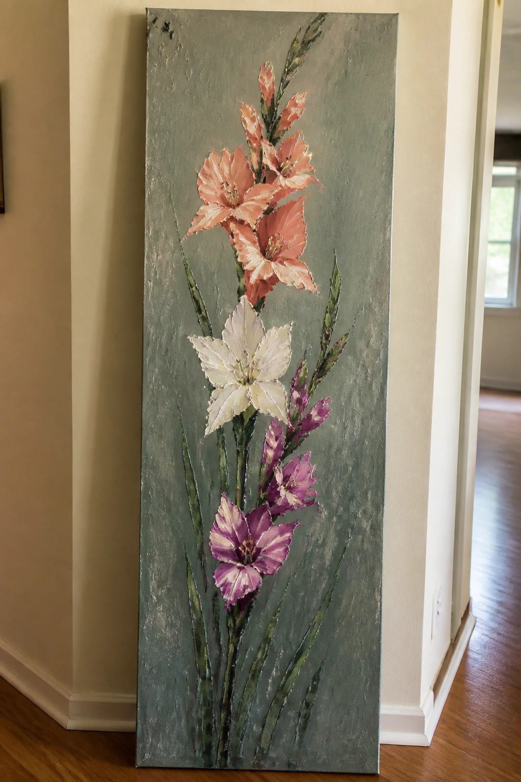 Tall vertical painting of peach, white, and purple gladiolus on textured green background