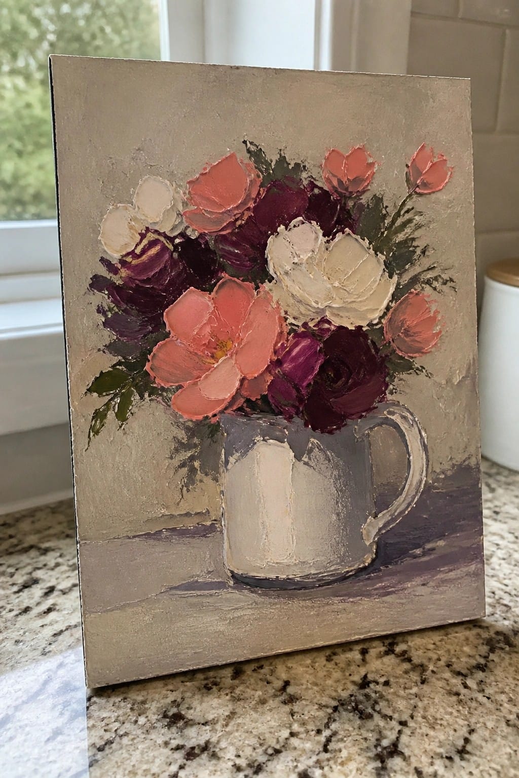 Impasto painting of coral, white, and burgundy flowers in a gray pitcher