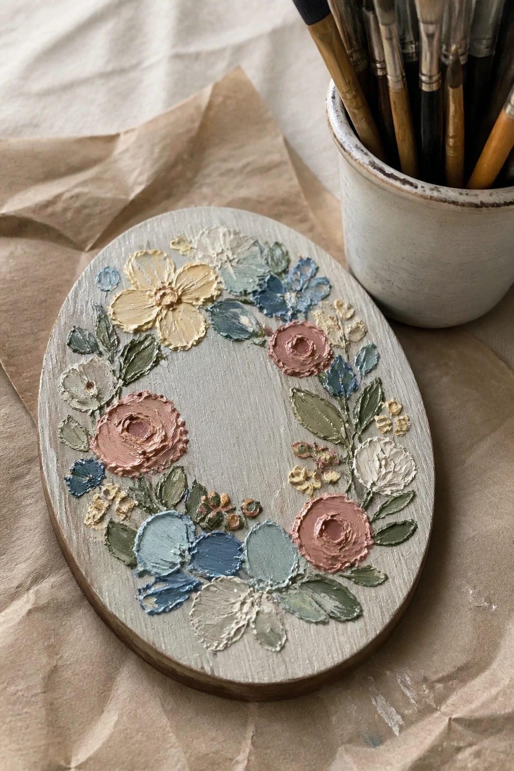Oval wooden plaque with pastel impasto floral wreath beside paintbrush jar on paper