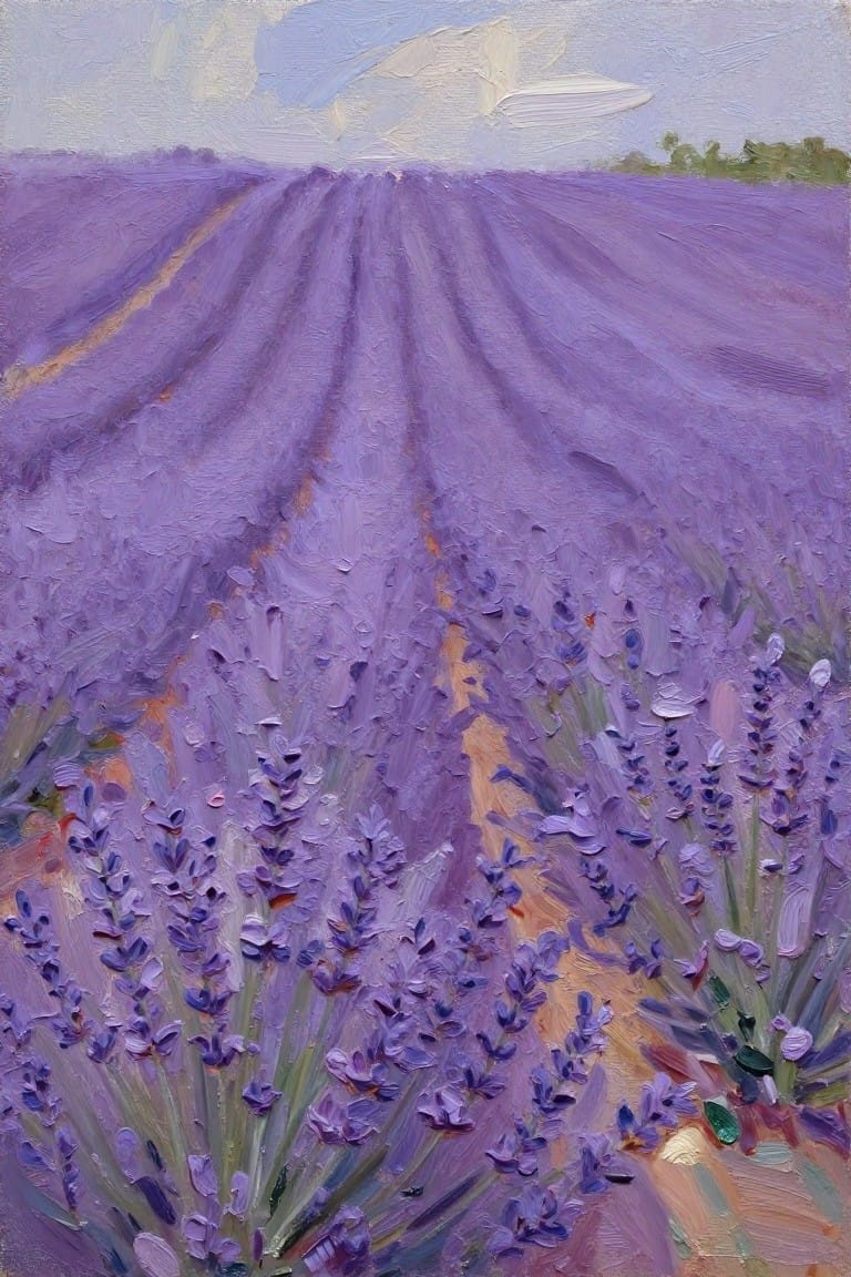 Impasto painting of purple lavender rows receding under a pale sky.
