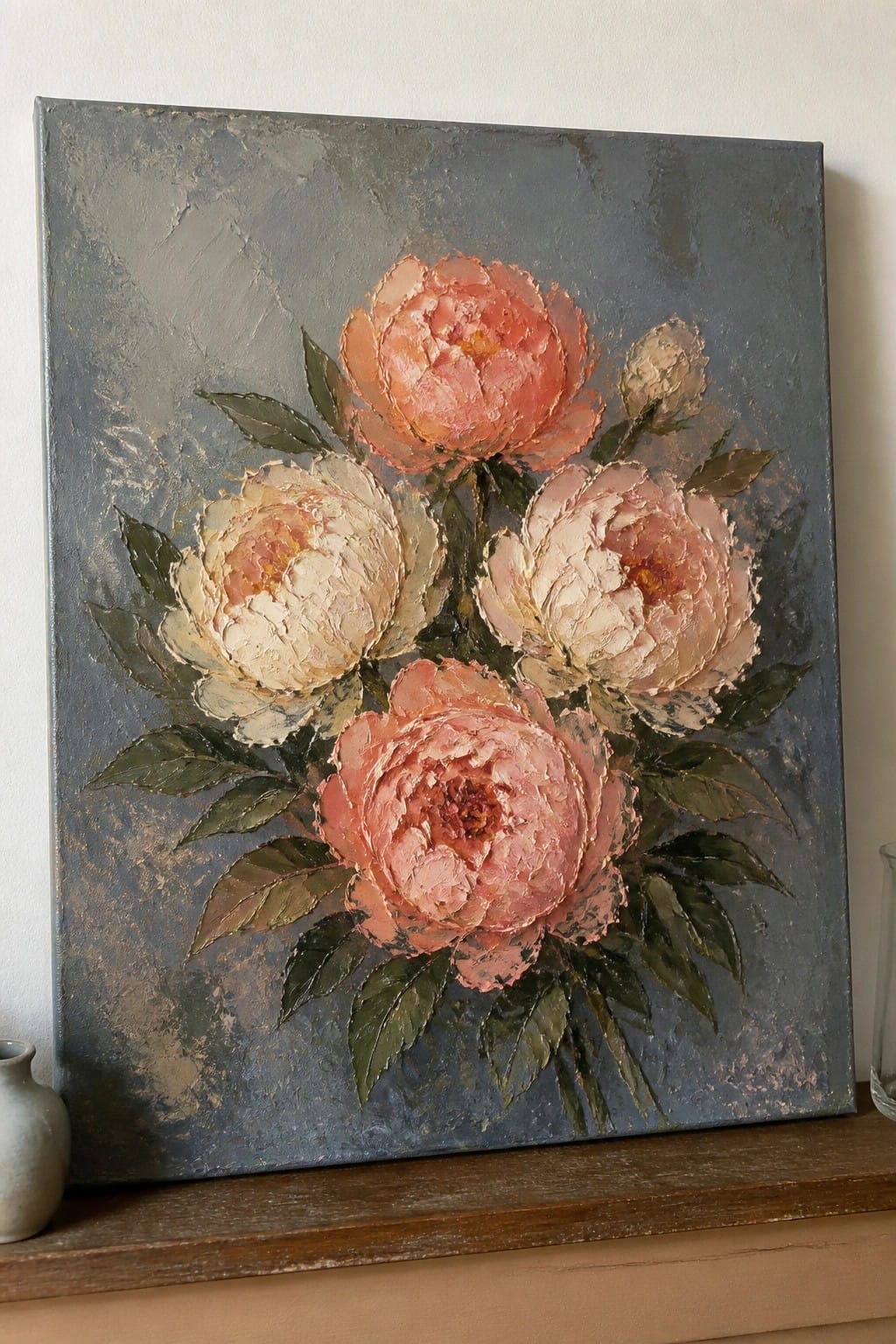 Thickly textured oil painting of pink peonies with green leaves on dark blue-gray background.