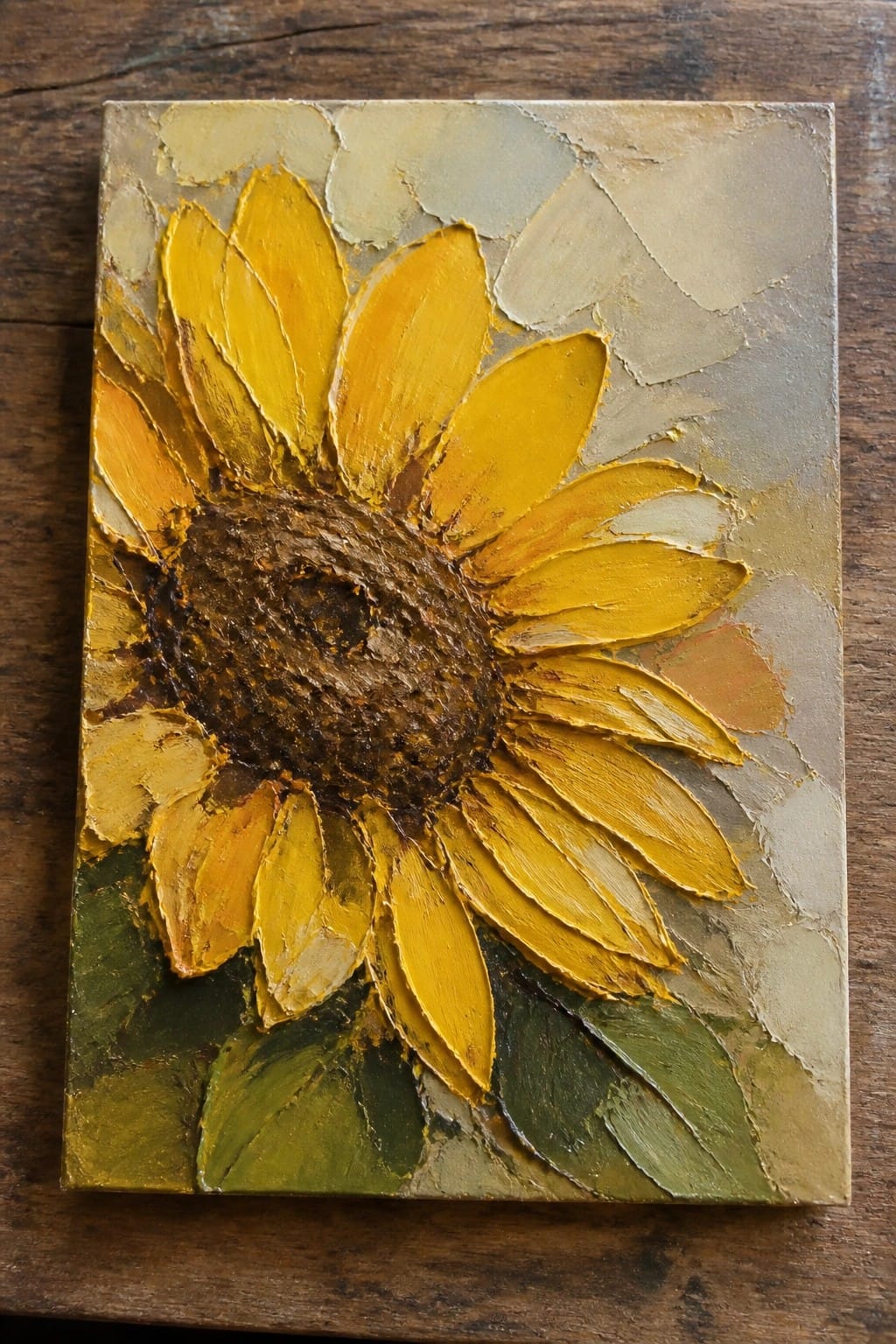 Impasto painting of a sunflower with thick yellow petals, brown center, and green leaves