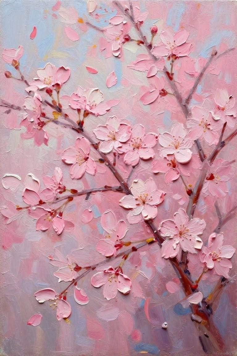 Pink cherry blossoms on branches with falling petals in textured oil painting.