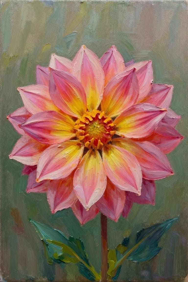 Vibrant pink-yellow dahlia bloom with orange center, textured petals, and green leaves in oil painting