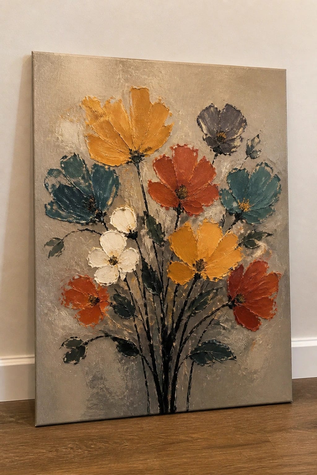 Textured abstract painting of colorful flowers in yellow, orange, red, teal, and white on beige background.