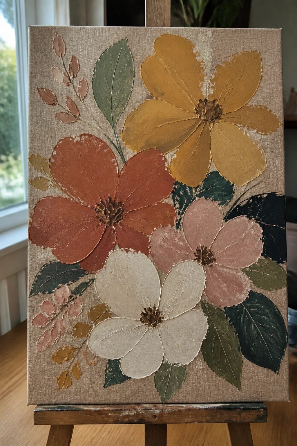 Textured canvas painting of yellow, orange, pink, and white flowers with green leaves on easel