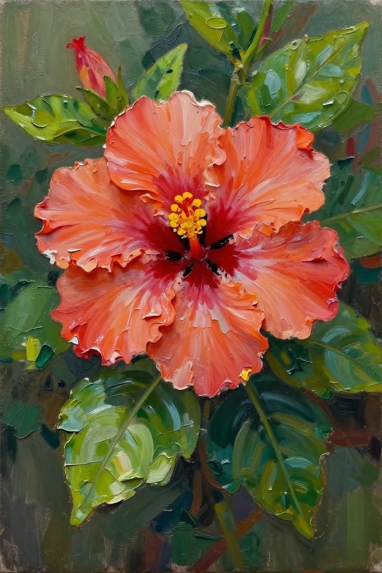 Vibrant orange-red hibiscus flower with yellow center amid lush green leaves in oil painting