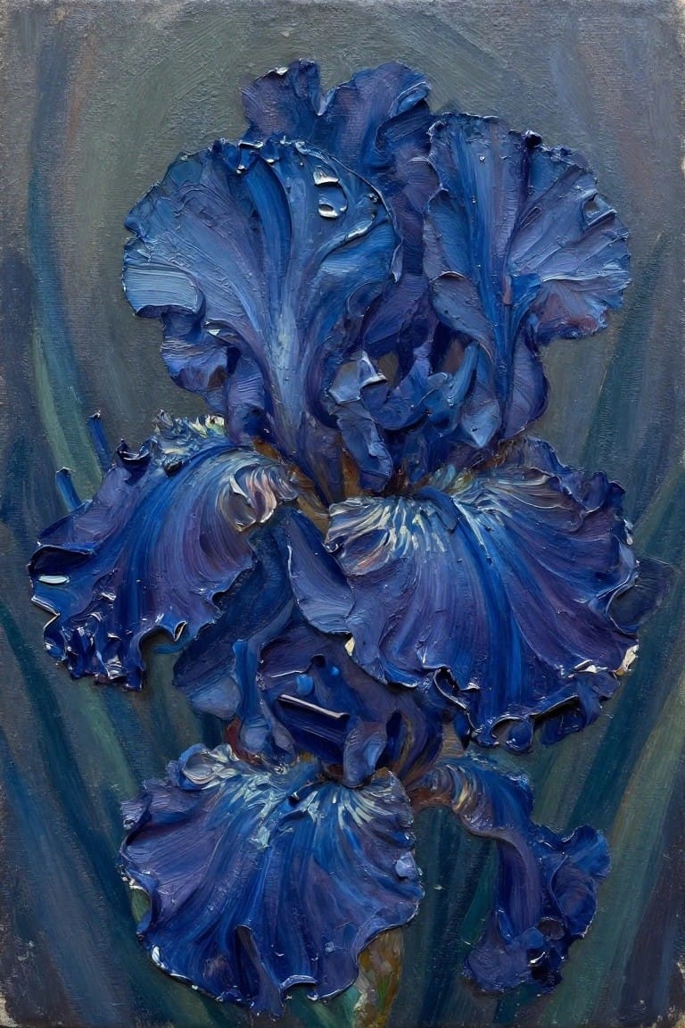 Thickly textured blue iris flowers in impasto oil painting with rich indigo tones.