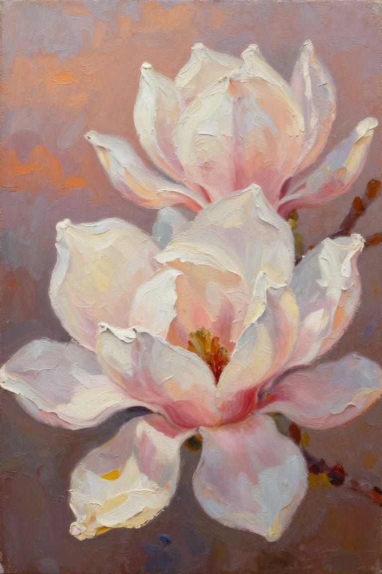 Impasto oil painting of blooming white and pink magnolia flowers with thick brushstrokes