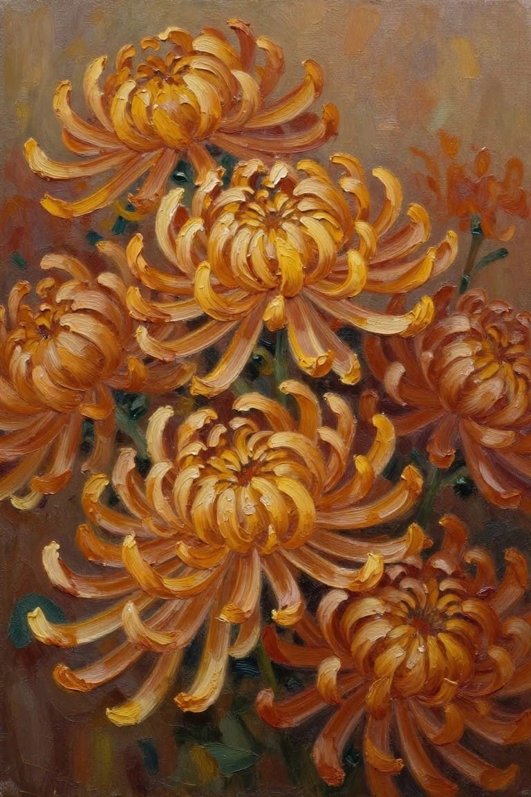 Vibrant orange chrysanthemums with curly petals in thick oil brushstrokes