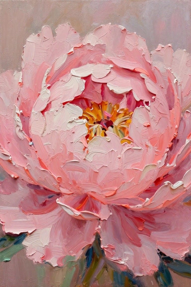 Thickly textured pink peony with layered petals and vibrant yellow-orange center.