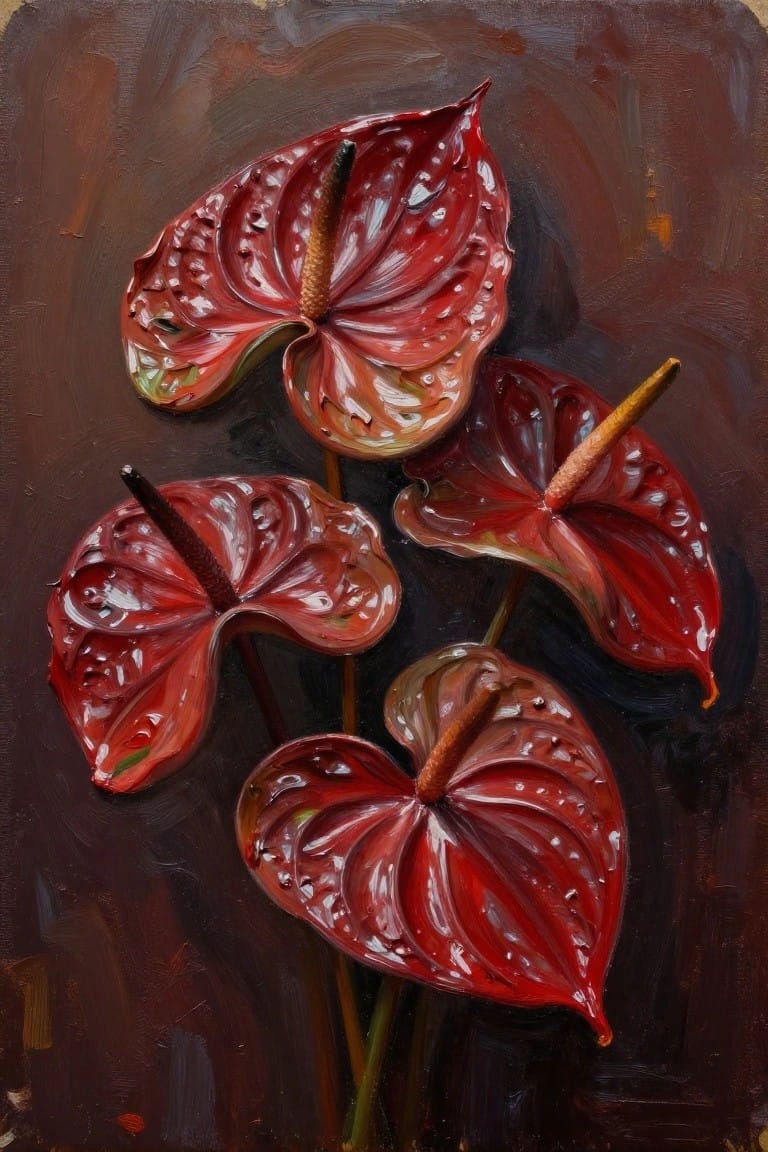 Painting of glossy red anthurium flowers with water droplets on dark background