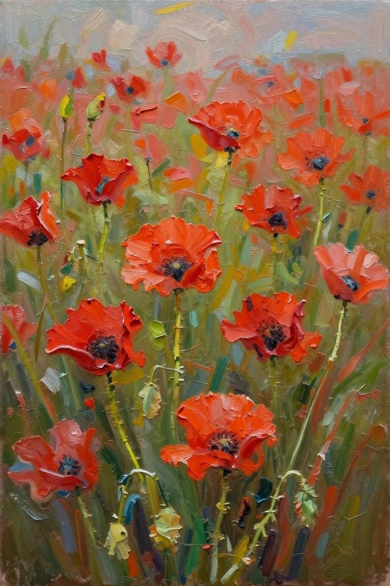Vibrant red poppies with textured petals blooming in a lush green field.