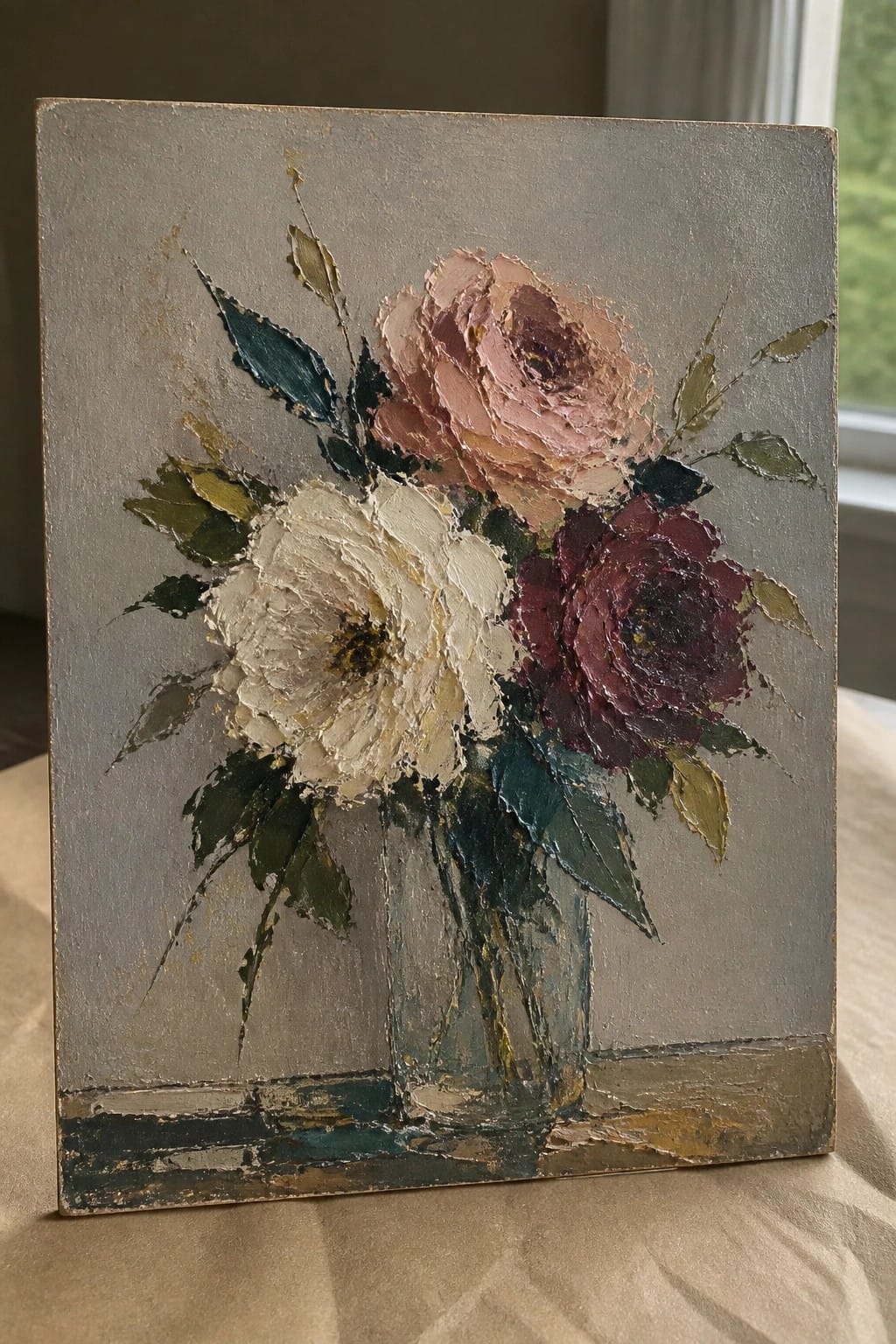 Thickly textured painting of white, pink, and burgundy roses in a glass vase