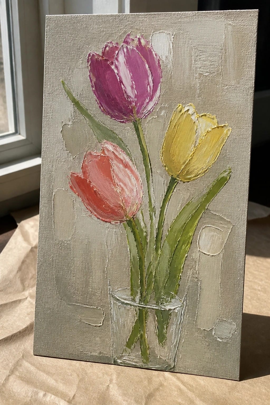 Three colorful tulips in pink, purple, and yellow inside a glass vase on canvas