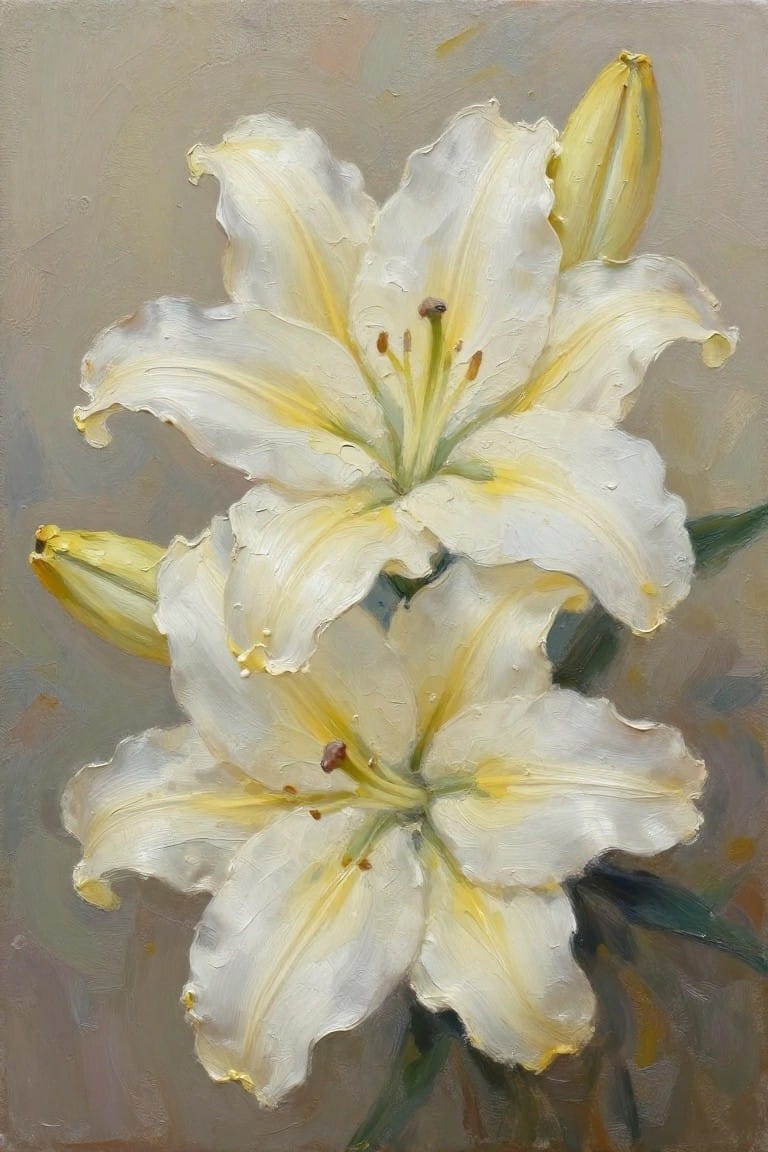 Oil painting of two large white lilies with yellow centers, unopened buds, and thick textured paint on a muted gray-brown background.