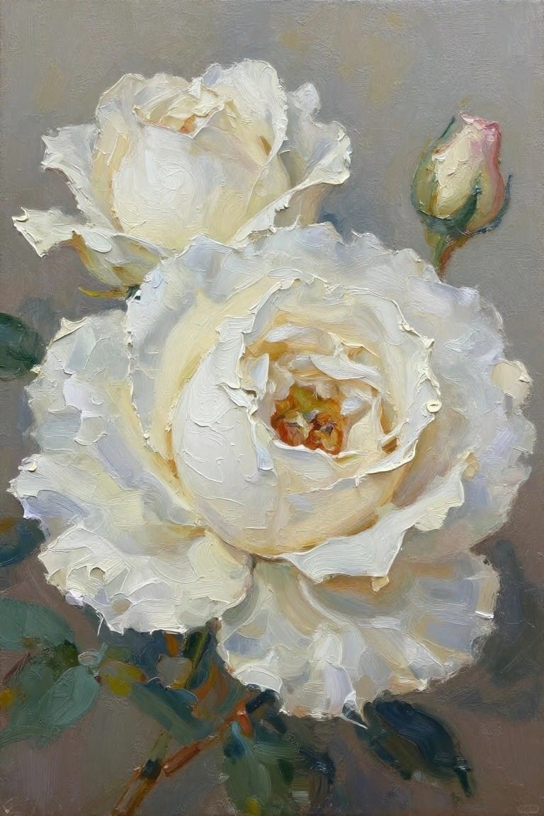 Impasto oil painting of blooming white roses with green leaves and bud