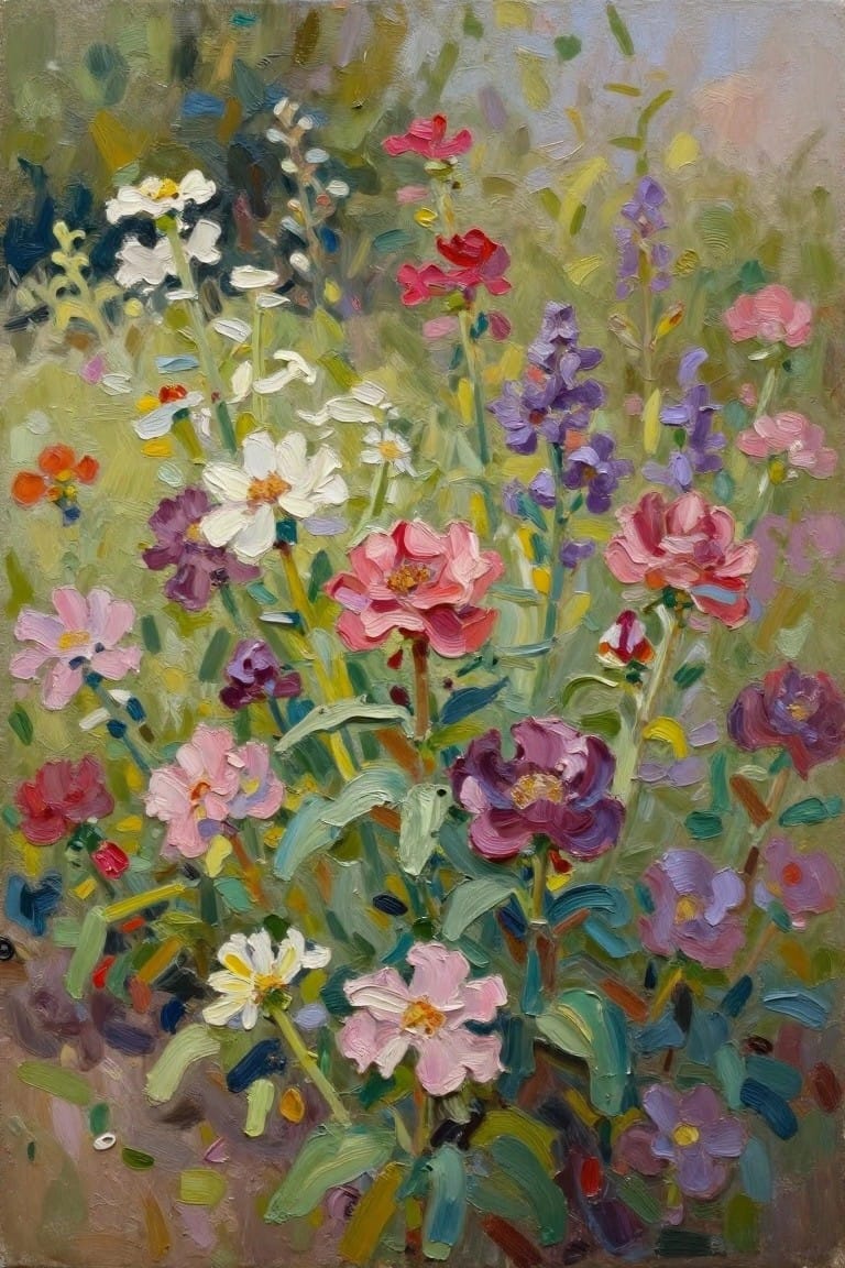 Vibrant oil painting of pink, purple, and white wildflowers blooming in a meadow