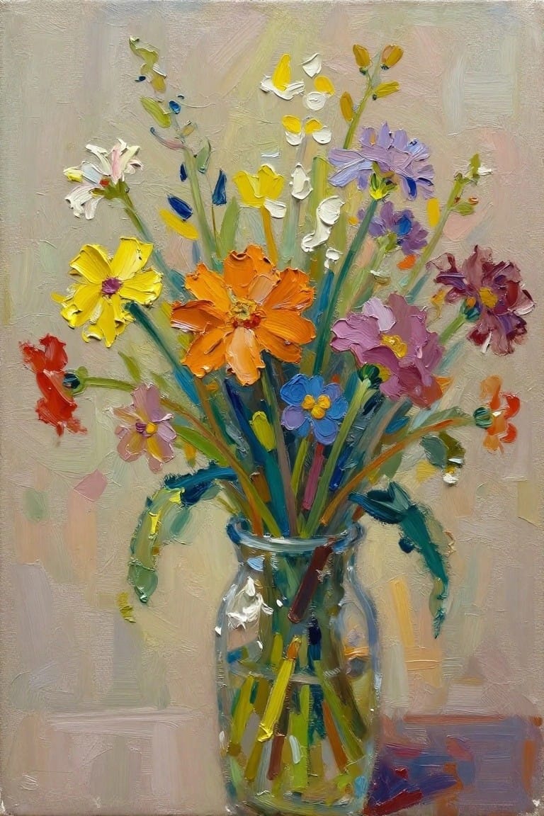 Vibrant multicolored flowers in a glass vase, expressive oil painting style.
