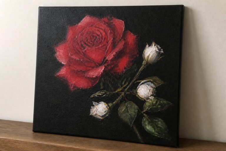 22 Dramatic Black Canvas Oil Painting Ideas That Make Oil Colors Stand Out Vibrant red rose with white buds and green leaves on black background.