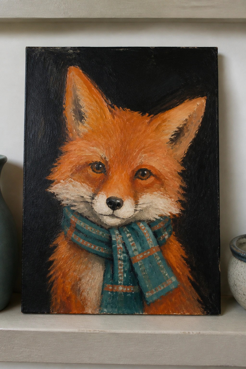 Oil painting of orange fox with white fur wearing patterned teal scarf on black.