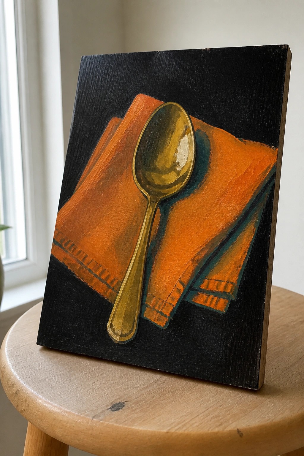 Golden spoon on folded orange napkin against black background, painted on wooden board on stool