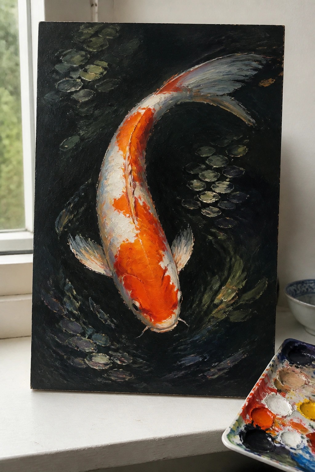 Orange and white koi fish painting on black canvas beside paint palette