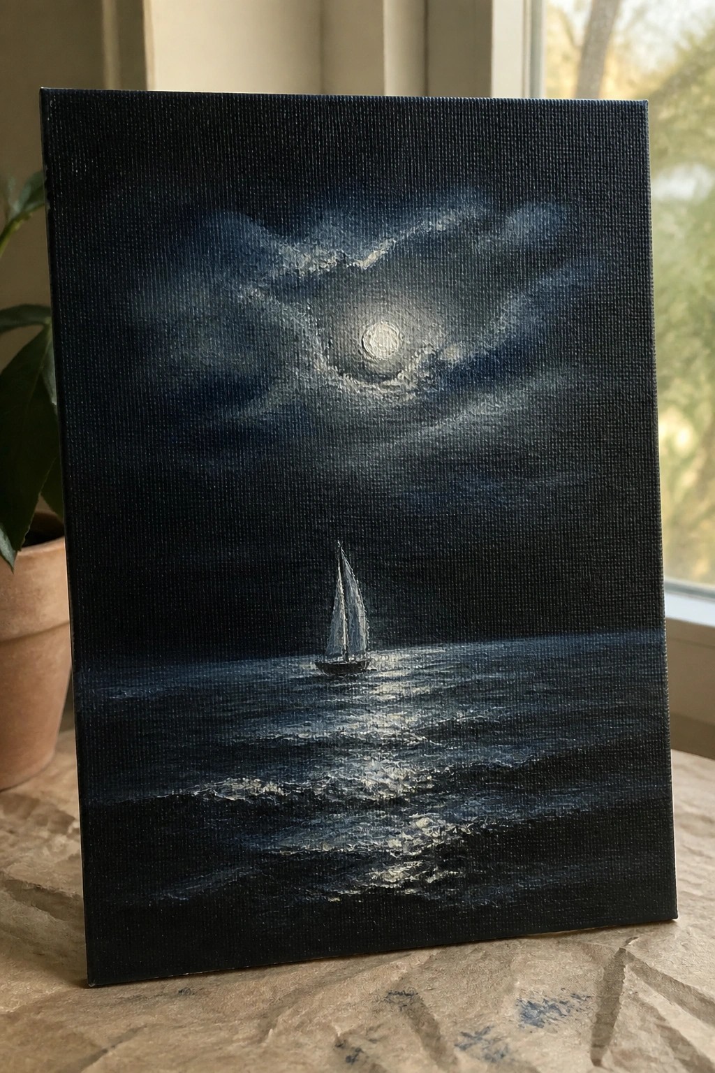 Oil painting on black canvas showing a sailboat at night with a full moon and its reflection on dark water.