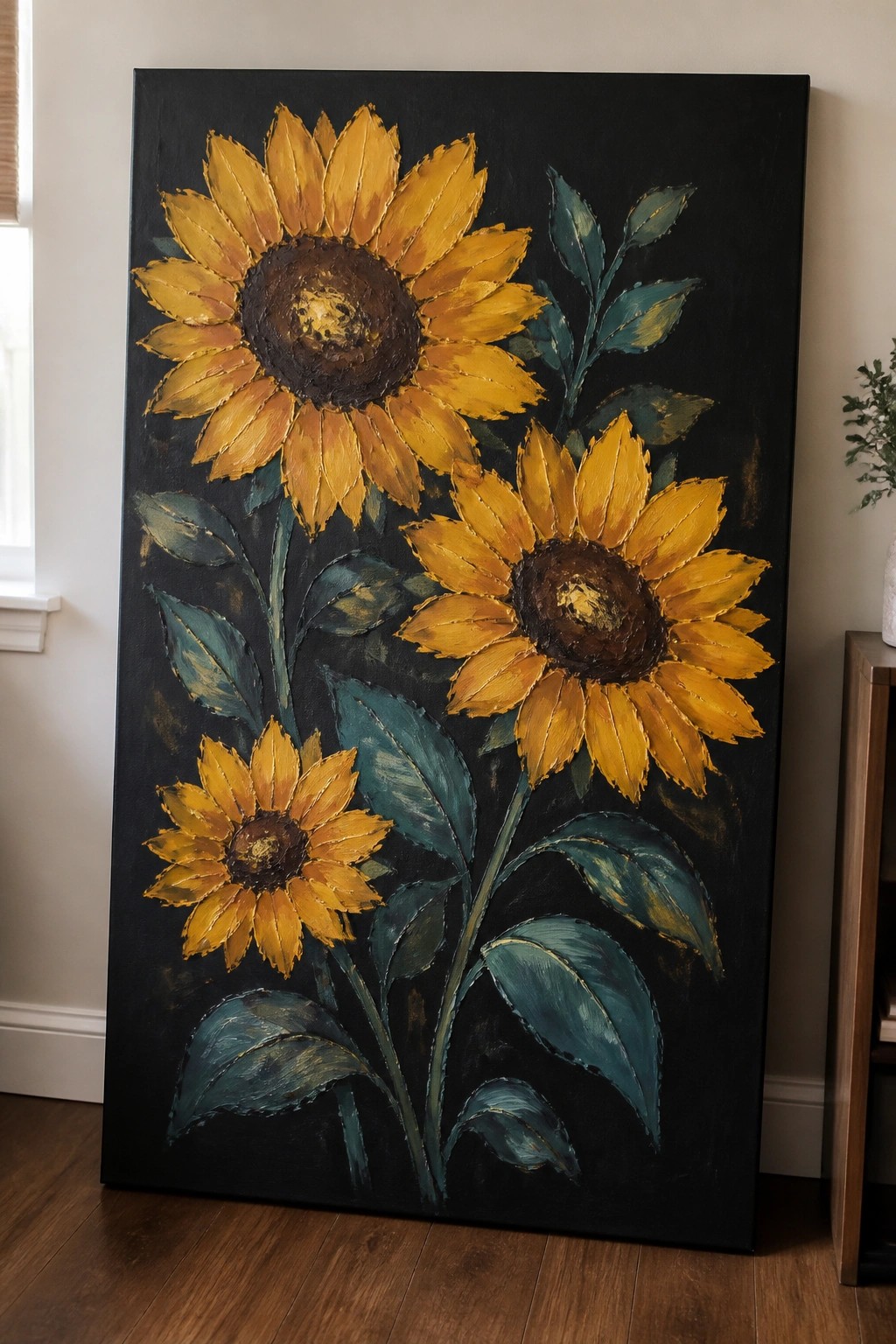 A vertical oil painting of three yellow sunflowers with brown centers and blue-green leaves on a black background.