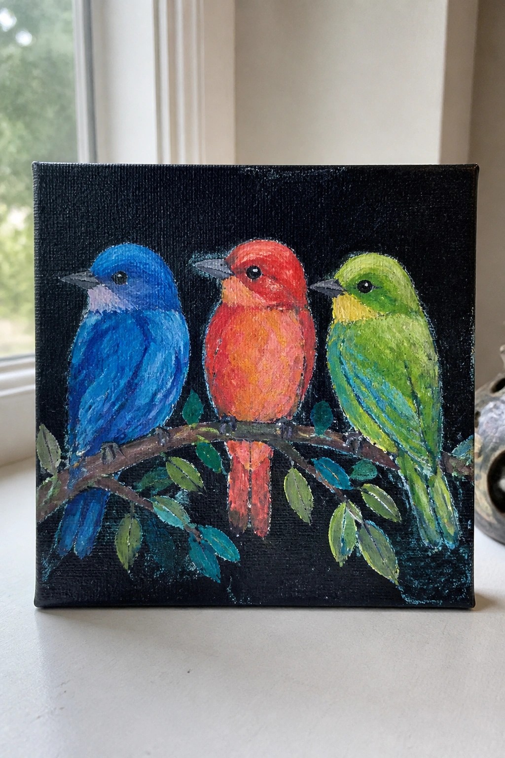 Three colorful birds in blue, red, and green perched on a leafy branch.