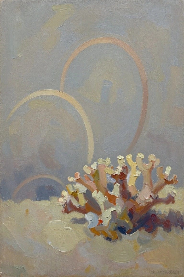 Abstract painting of colorful coral-like forms against soft circular background shapes.