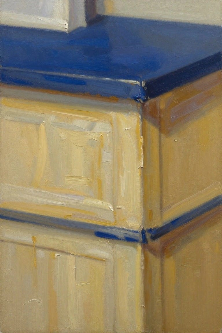 Blue ledge meets yellow paneled walls at textured architectural corner.