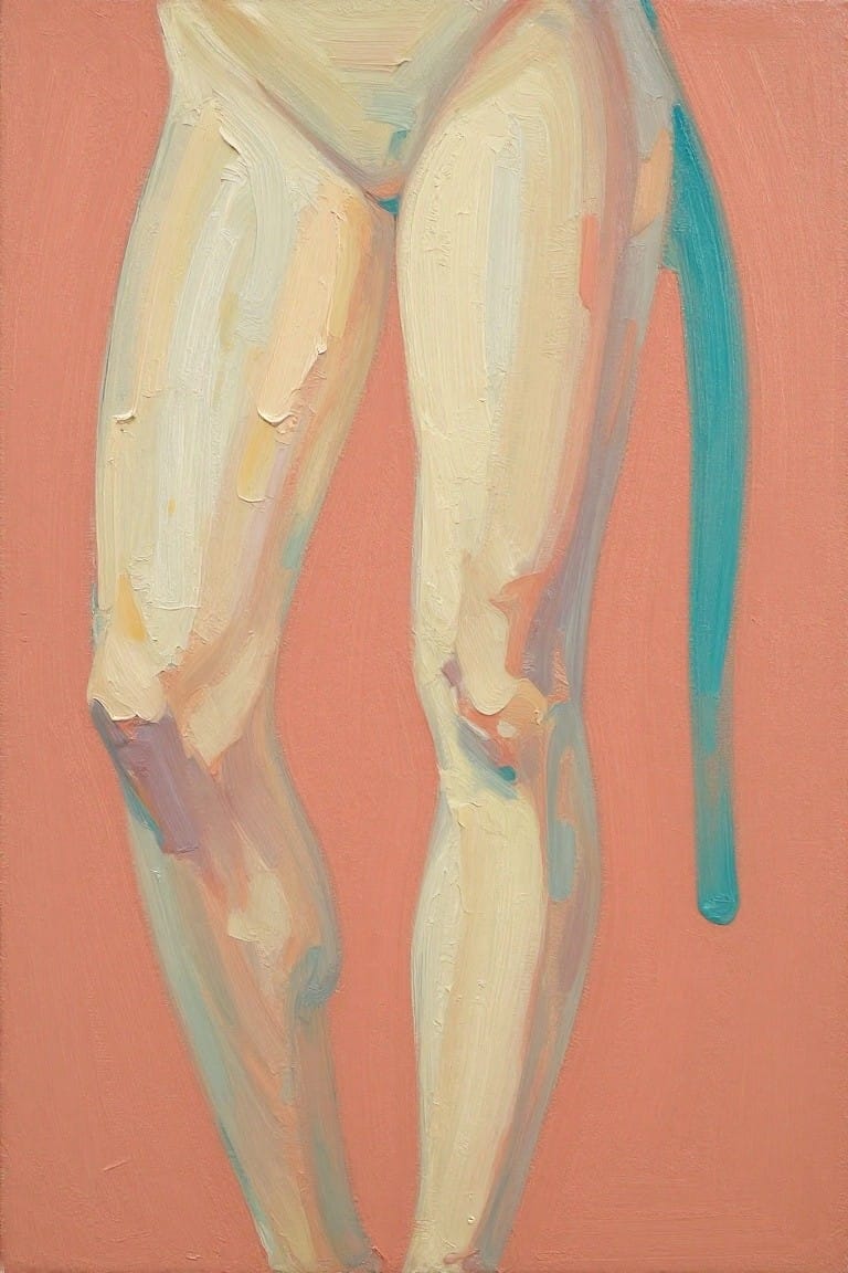 Expressive painting of nude legs and hips with teal accent on coral background