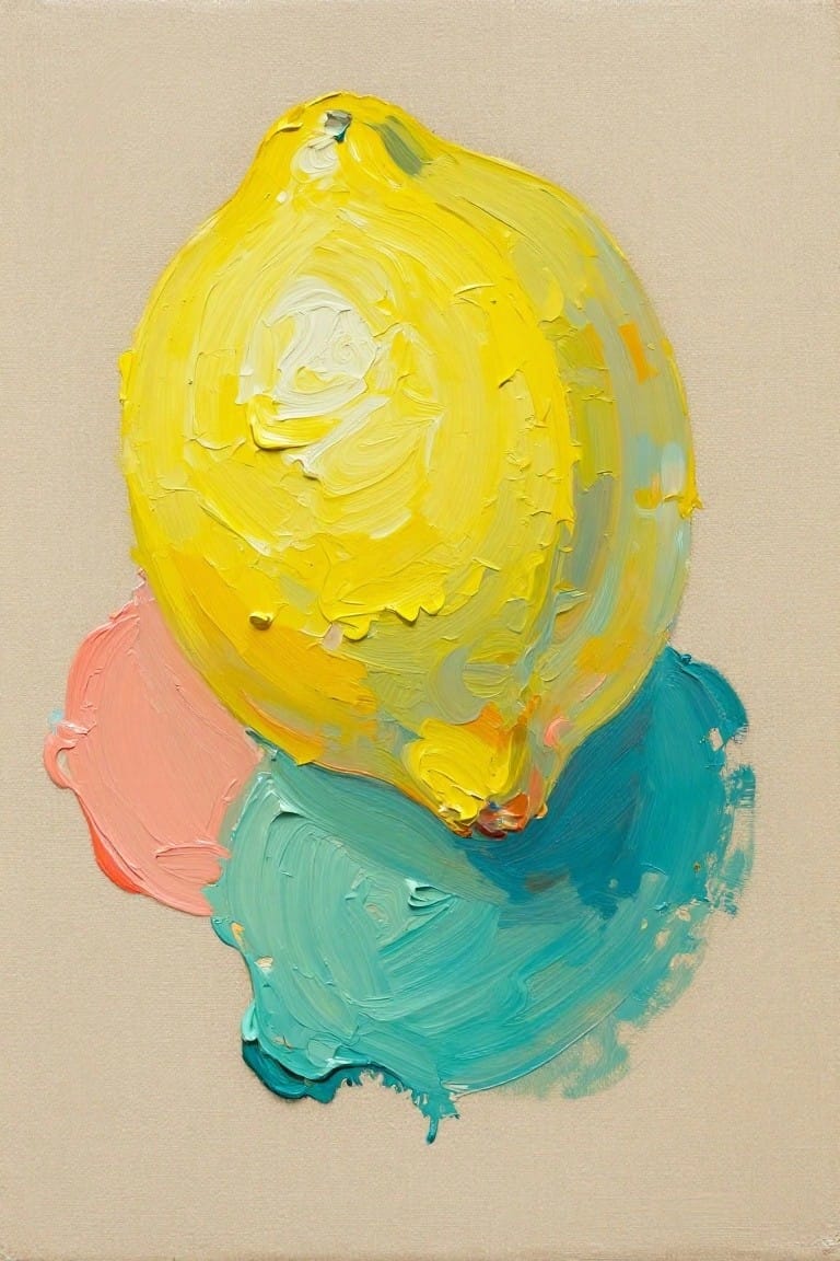 Thickly textured yellow lemon with pink and teal abstract shapes on beige canvas