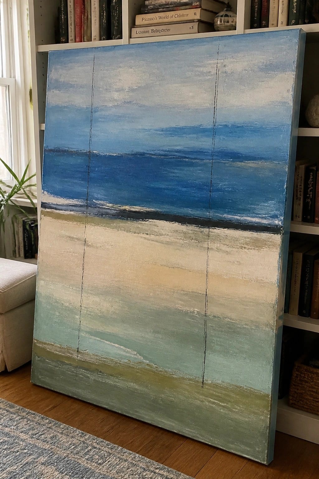 Large abstract seascape painting with blue ocean and beach leaning on bookshelf