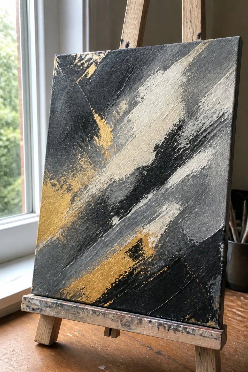 An abstract canvas painting featuring sweeping diagonal strokes in black, gray, white, and gold, displayed on a small wooden easel by a window.