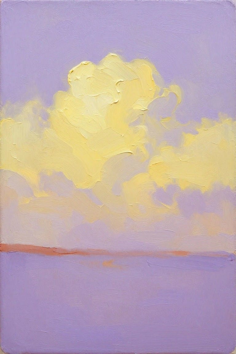 Impressionistic oil painting of yellow clouds in a lavender sky with orange horizon