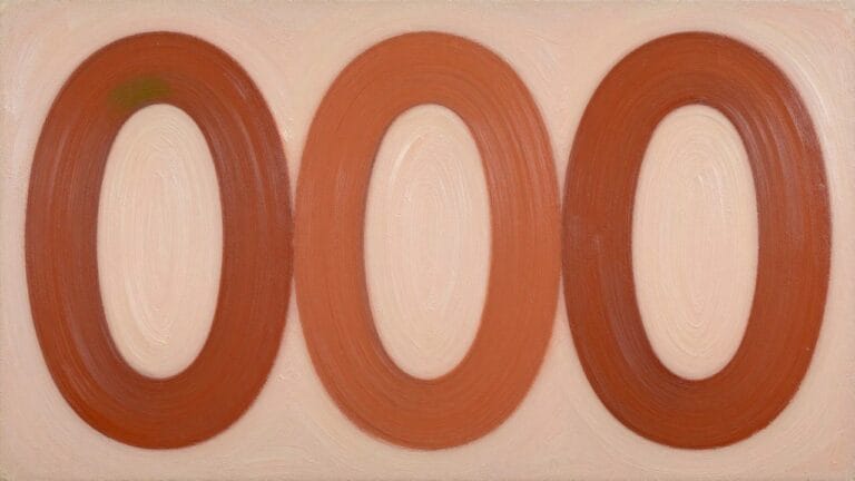 Abstract painting of four overlapping ovals in warm terracotta and coral tones with brushstrokes.