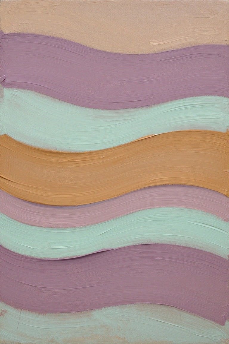 Wavy horizontal stripes in pastel purple, mint green, orange, and beige.