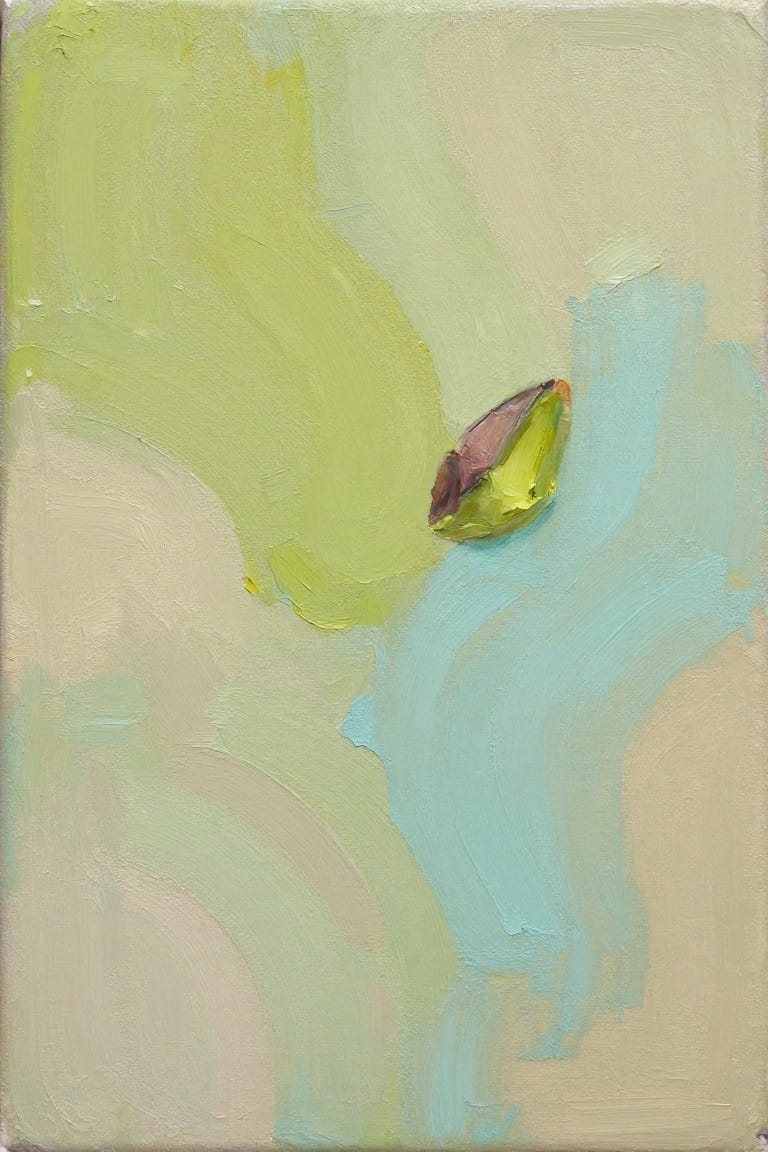 Abstract painting with soft green, blue, and beige brushstrokes around a small vibrant form.