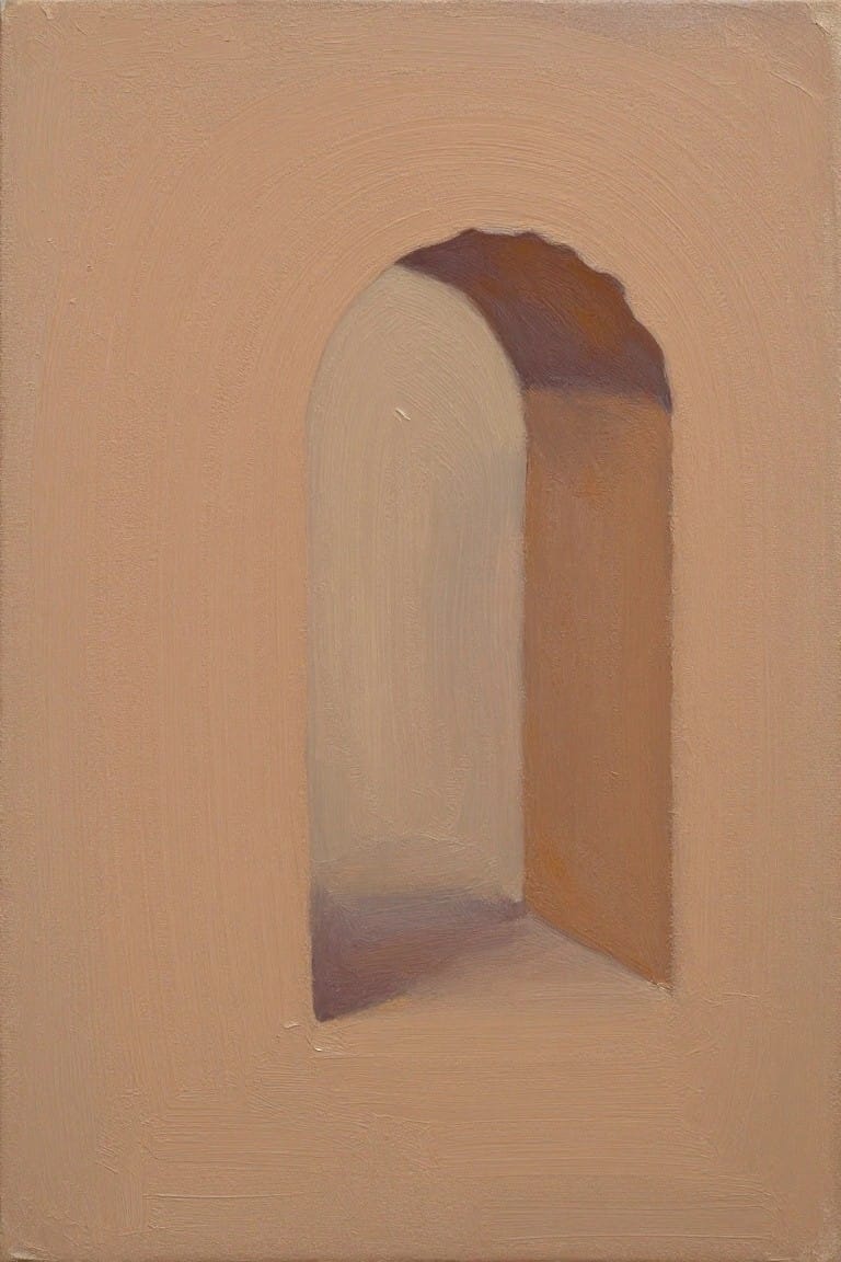 Minimalist painting of an arched doorway in warm beige and brown tones.