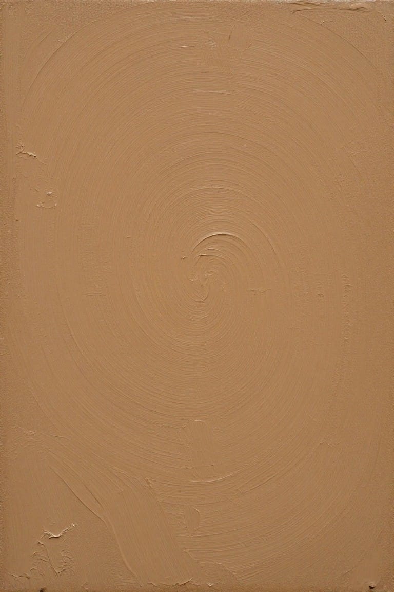 Abstract painting with swirling tan brushstrokes forming concentric circles on textured canvas.