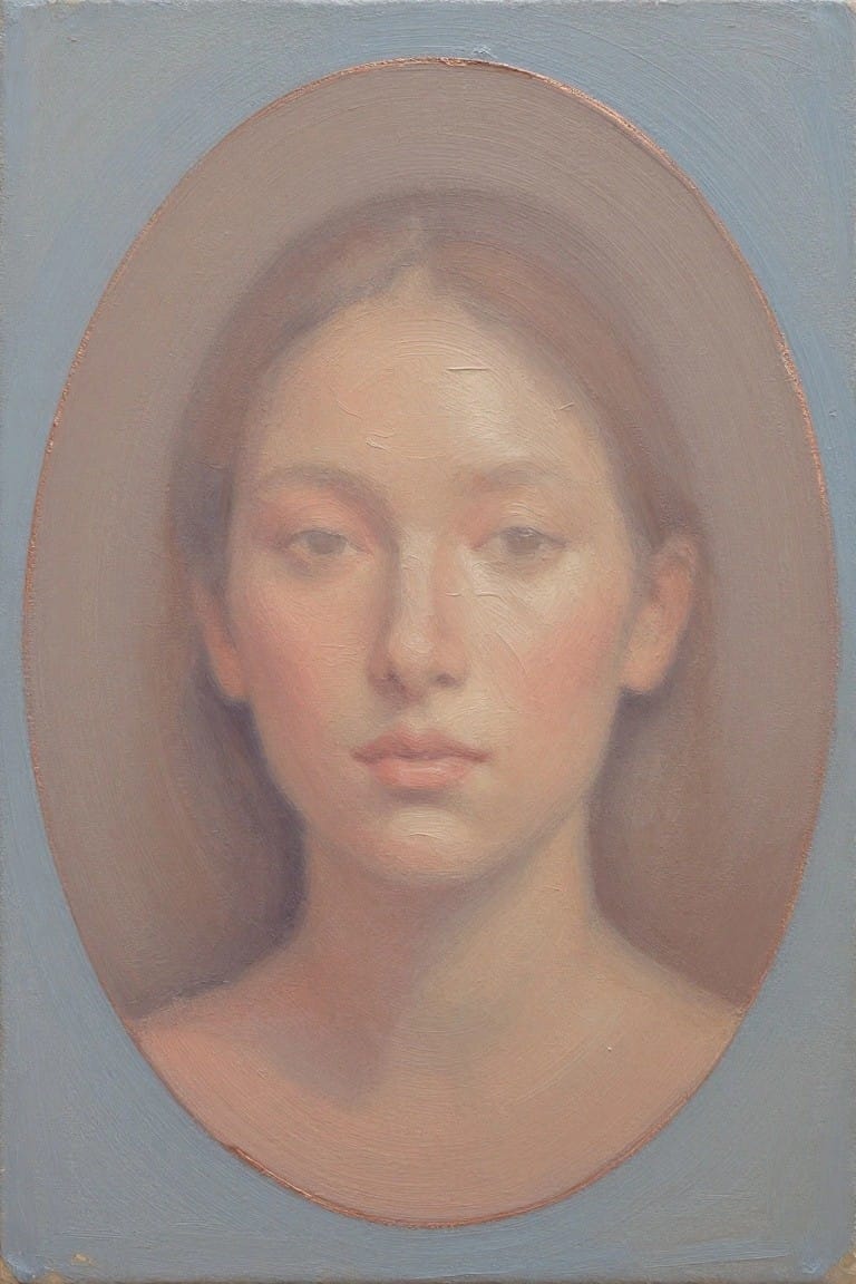 Oil painting of a young woman with neutral expression in oval frame on blue