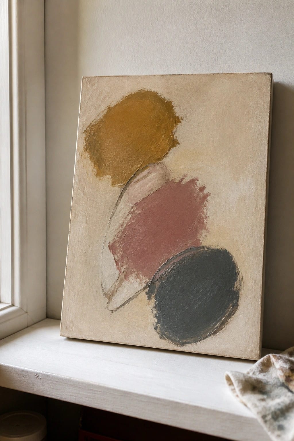 Abstract painting with yellow, rose, and dark green shapes on white windowsill