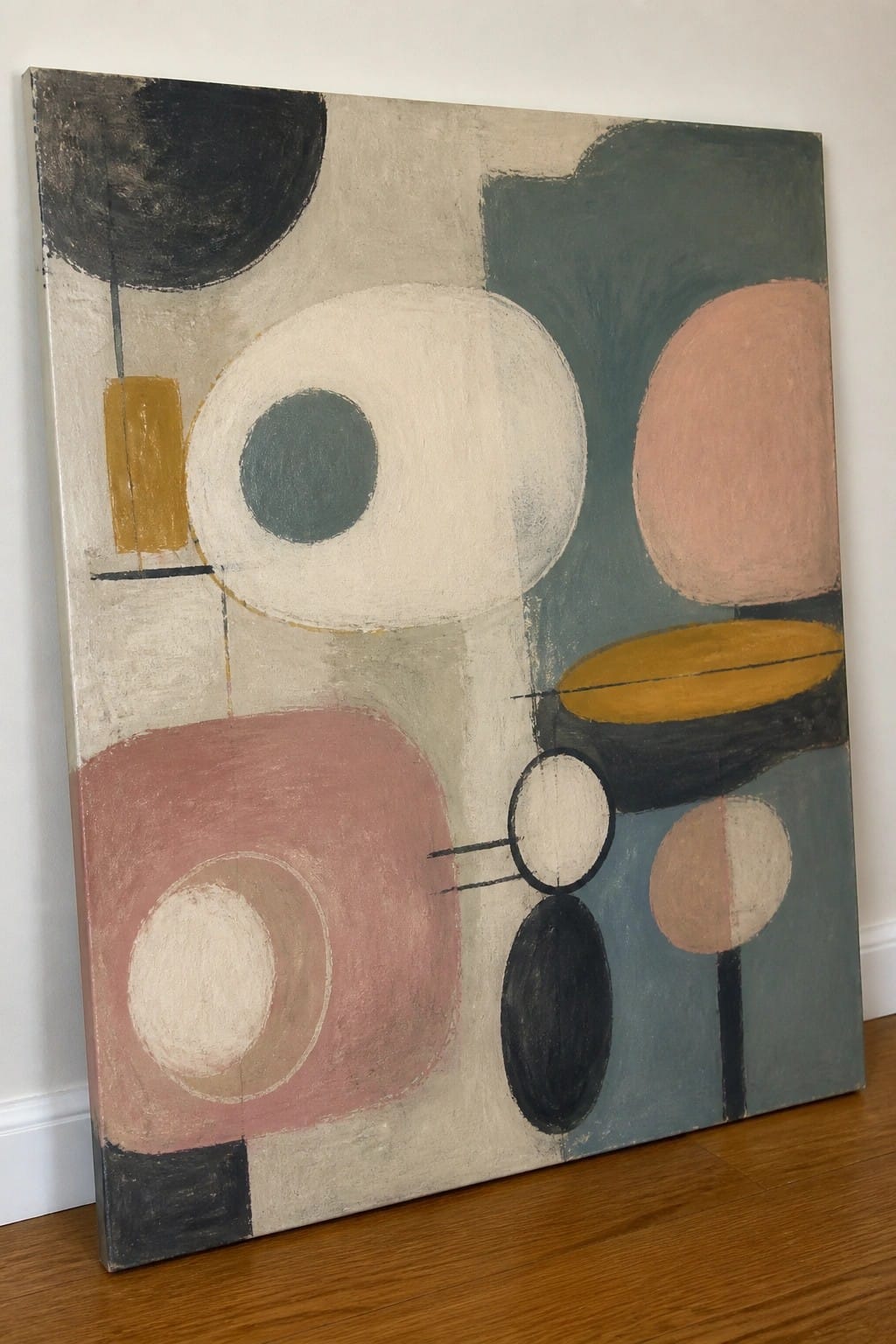 Abstract painting with overlapping circles, ovals, and shapes in muted earth tones and pastels.