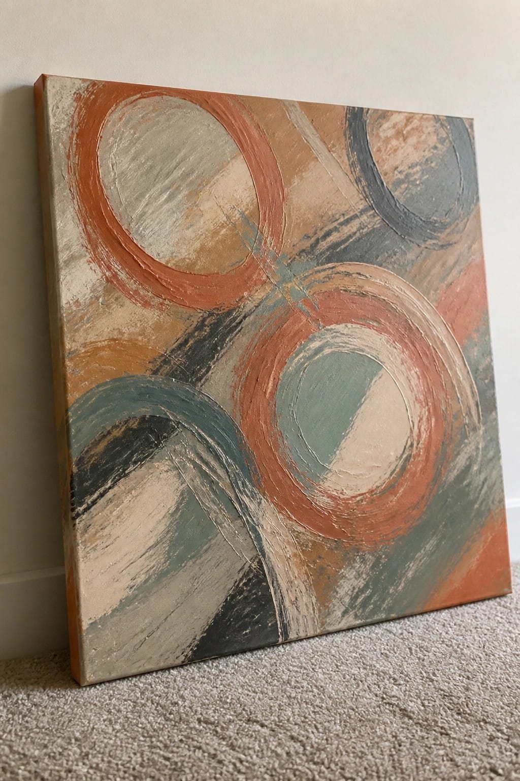 Abstract canvas with orange, teal, and gray circles leaning against wall on carpet