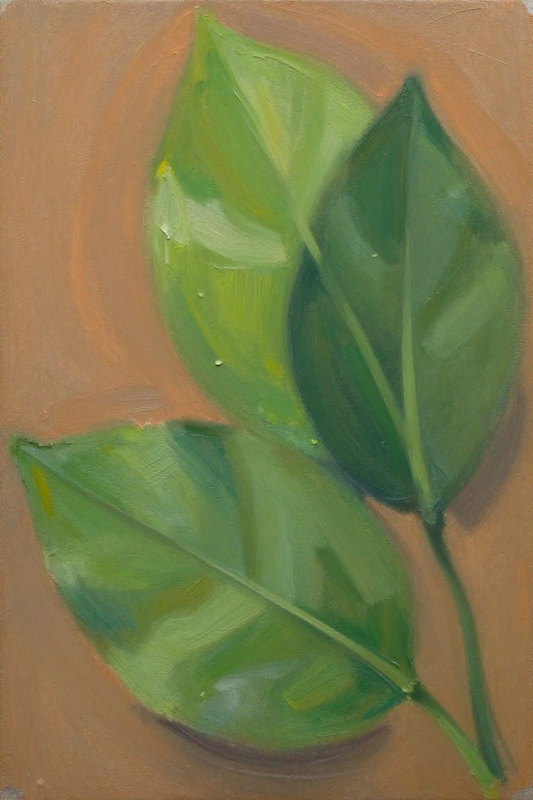 Thickly painted green leaves with visible brushstrokes on a warm brown background.