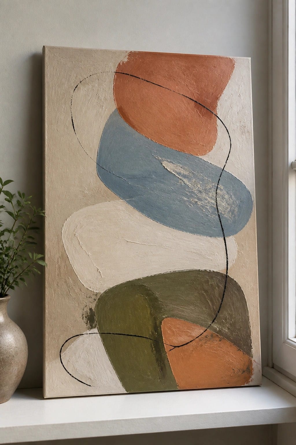 Abstract painting with terracotta, blue, green shapes and black lines on windowsill