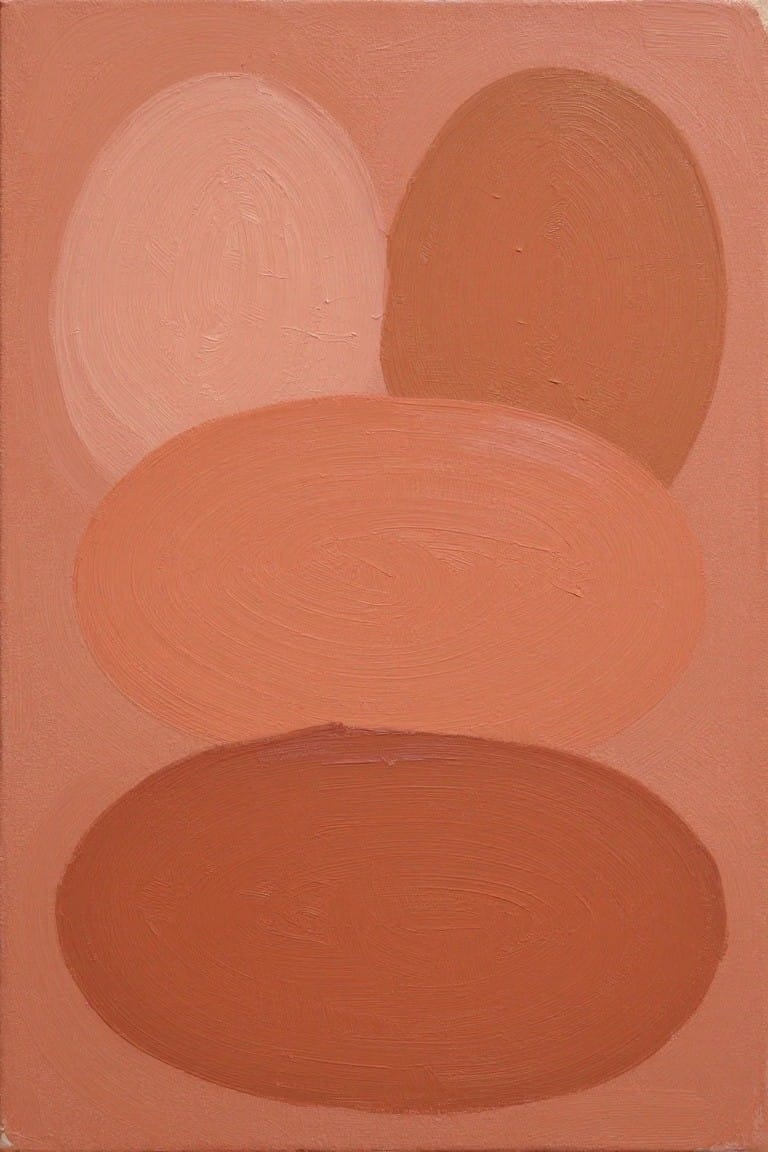 Abstract painting of four overlapping ovals in warm terracotta and coral tones with brushstrokes.